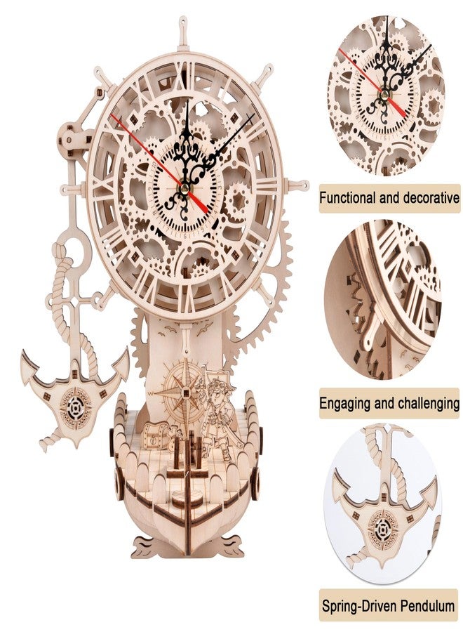 varbertos 3D Wooden Puzzle Mechanical Clock - Pirate Ship DIY Model Kit for Adults & Teens, Build-Your-Own Wood Craft, Working Clock, Unique Gift & Nautical Home Decor - Image 4